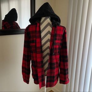 Mens long sleeve plaid hooded shirt